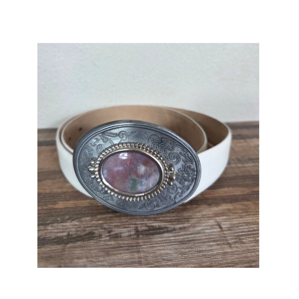 Western Floral Scott Cowgirl Pink Quartz Stone Belt Buckle White Leather Belt